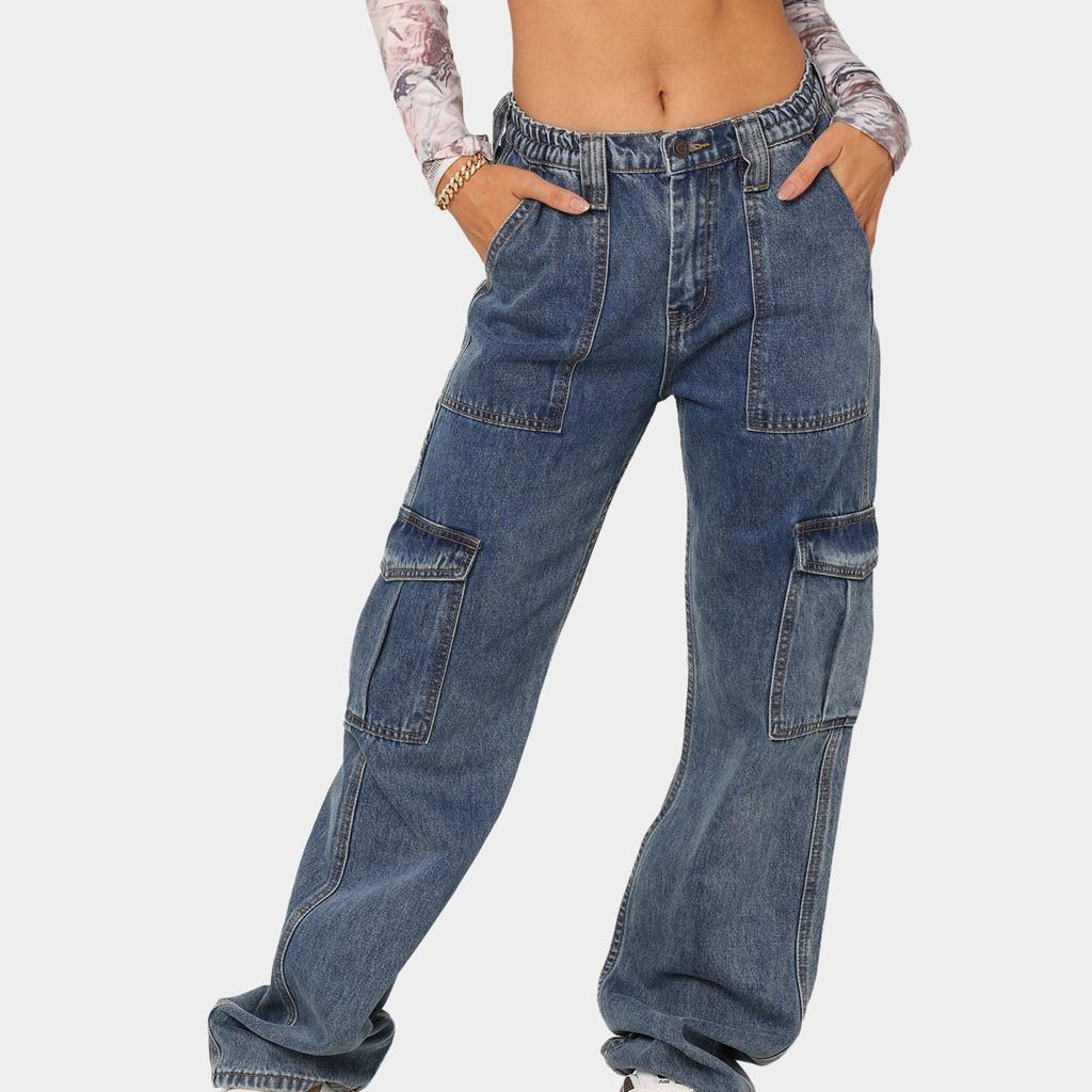 YYFS Pantalones y capris con estampado de color sólido informal de mezclilla a la moda para mujer