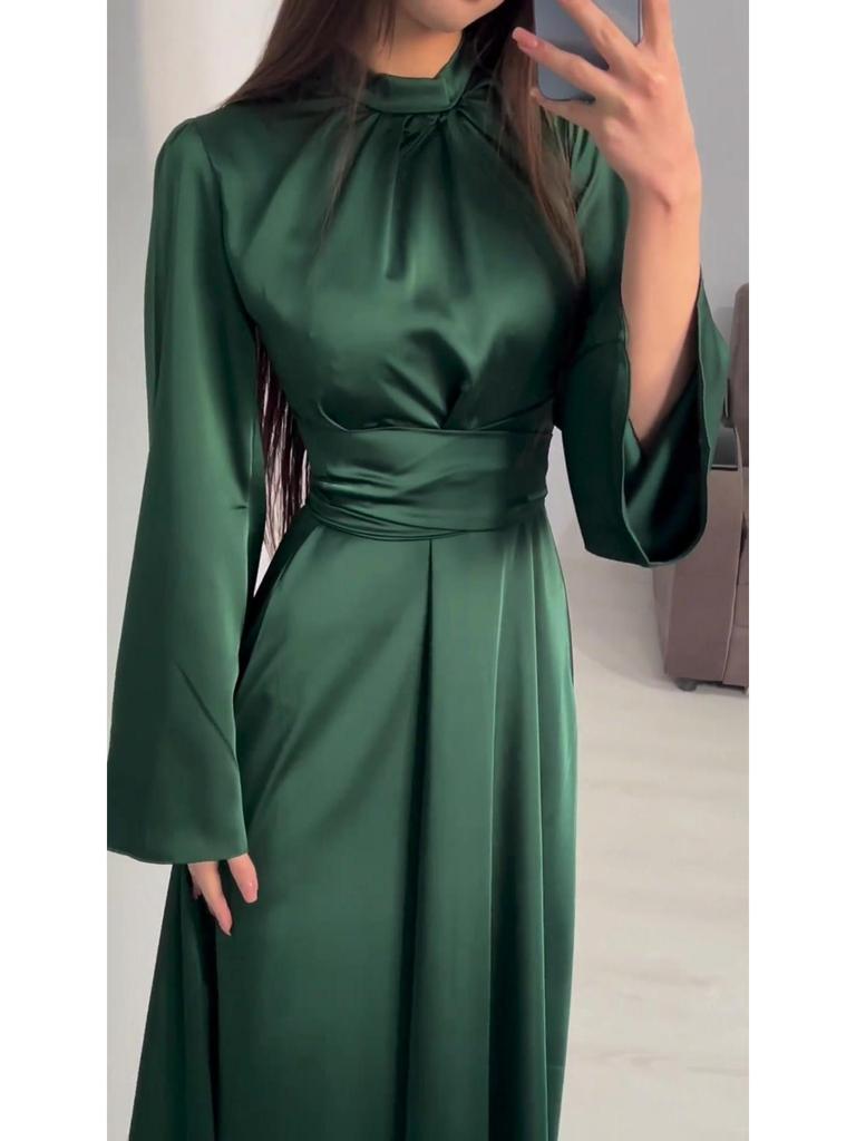 Europäisches & Amerikanisches Einfarbiges Schlankmachendes Binde-Langarm-Maxikleid (Frühjahr 2025 Kollektion)