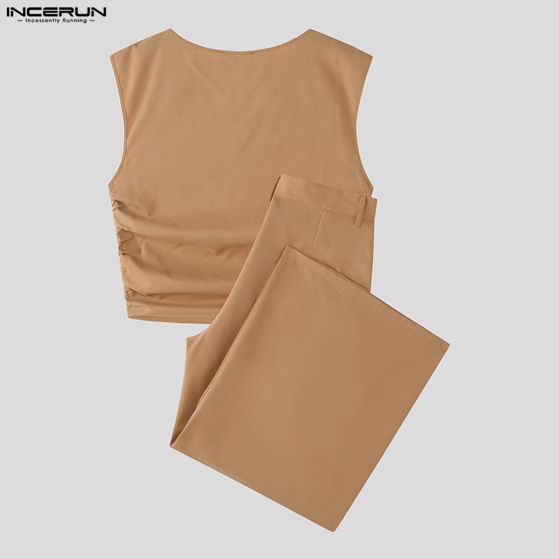 INCERUN Men Two Pieces Sleeveless Ruffled Tank Tops and Trousers Casual Pants Sets Outfits