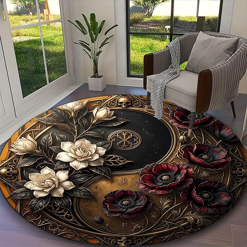 1pc Office Printed Round Carpet, Elegant Crimson Rose Petal Rug, Home Sofa Chair Mat For Christmas and Halloween Décor