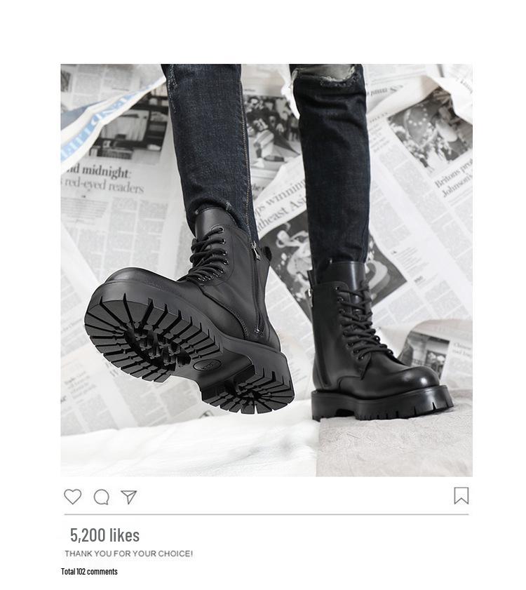 Men's High-Top Leather Martin Boots - British Style, Thick Sole, Velvet Lining, Winter Warmth