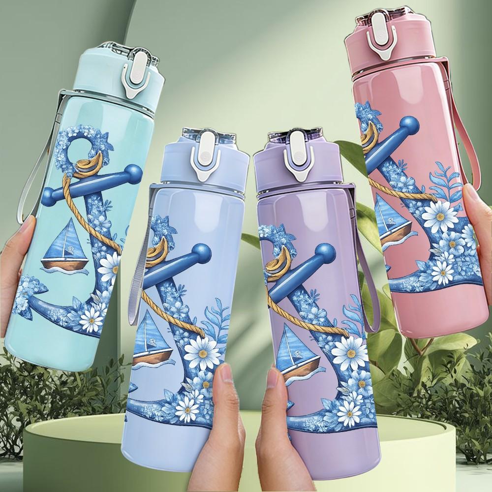 1PC Vintage Anchor Ocean Art Print 750ml Color Plastic Sports Water Bottle Leakproof Flip Straw Lid Suitable for Sports Office Home Use