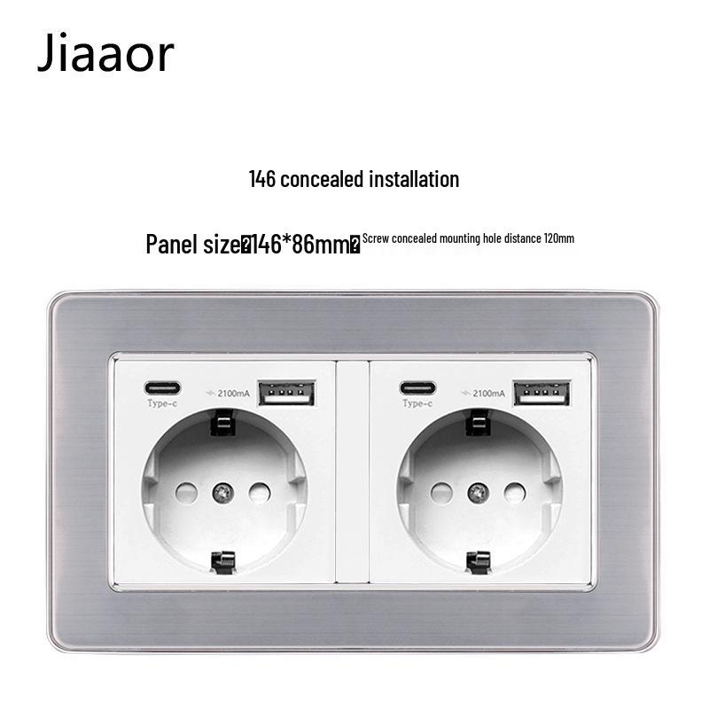 Padrão Europeu Tipo 86 Painel de Interruptor e Tomada de Parede Duplo em Aço Inoxidável com USB-C, Estilo Alemão, Montagem de Parede Embutida.