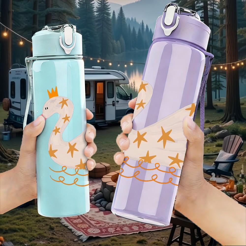 1PC Swan Bird Print 750ml Color Plastic Sports Water Bottle Leakproof Flip Straw Lid Suitable for Sports Office Home Use