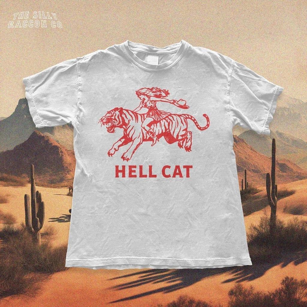 Retro Cowboy Girl "Hellcat" T-shirt - Tiger Pattern T-shirt - Humorous and Fashi