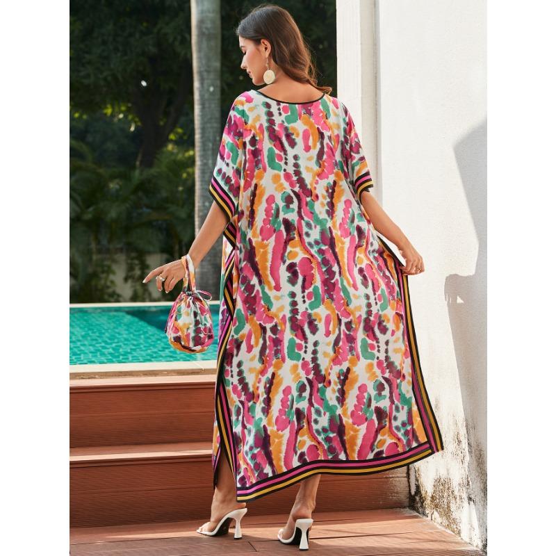 Damenmode Sommer Frühling Leopardenmuster 1/2 Ärmel V-Ausschnitt Lose Taille Freizeitkleider