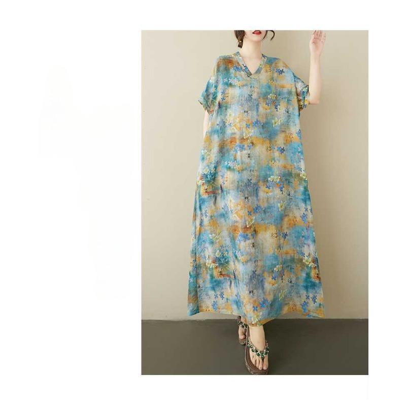 Short Sleeved Linen Cotton Dress, Women's Plus Size Casual Dress