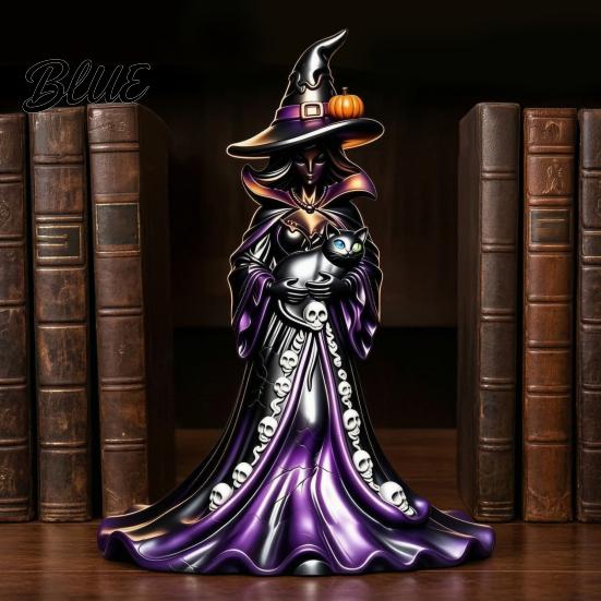 Tabletop Halloween Accent Witch Figurine  Resin Black Cat Statue with Pumpkin  Retro Party Supplies Sculpture  Gothic Ornament for Display And