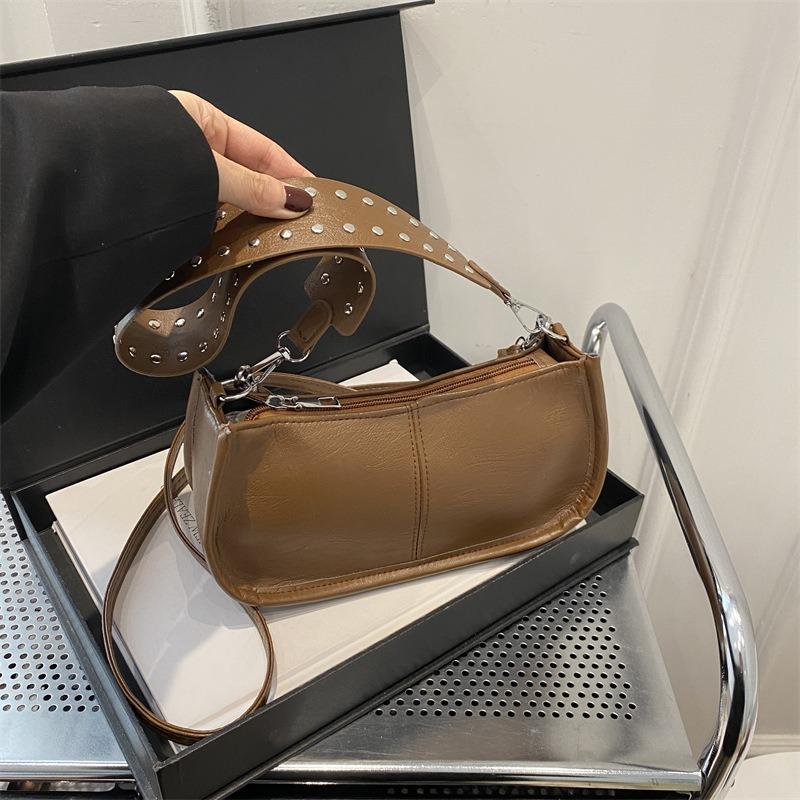 Premium Women's Bag, Simple Rivet Shoulder Bag, Fashionable Wide Shoulder Strap Bag, Versatile Texture, Trendy Messenger Handbag.