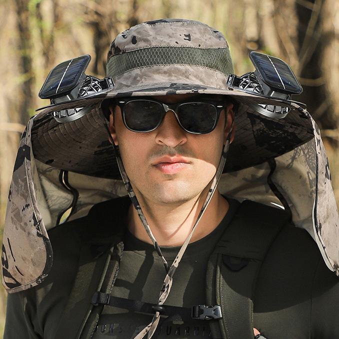 Men's Summer Outdoor Fan Hat, Rechargeable High-Wind Sun Hat Wide Brim UV Protection Hiking Bucket Hat