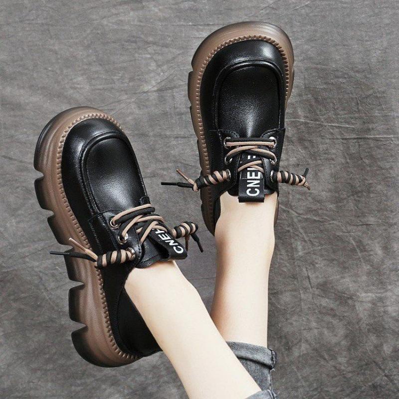 Real soft leather loafers women's British style spring and autumn 2025 new thick-soled lace-up versatile soft-soled small leather shoes