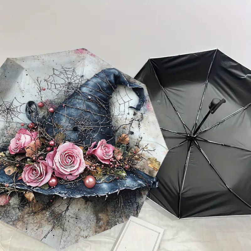 1ks Čarodějnický klobouk Vzor s květinami Design deštníku Automatické otevírání a zavírání Deštník, Vysoce kvalitní Cestovní deštník, Lehký a přenosný, -52