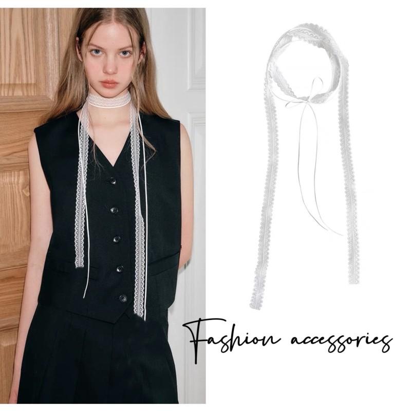 Korean Fashion Sweet Lace Scarf Bowknot Neckwear Women Summer Thin Mesh Flower Long Small Scarf Versatile Neckband Accessories