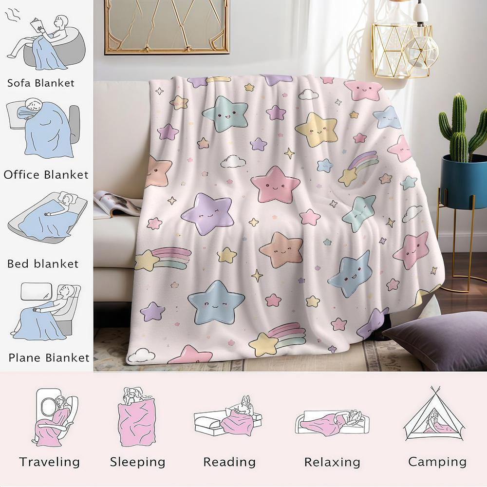 Pastel Star Rainbow Flannel Blanket Warm Soft Halloween Christmas Couch Warm Cozy Decorative Decor Gift for All Season