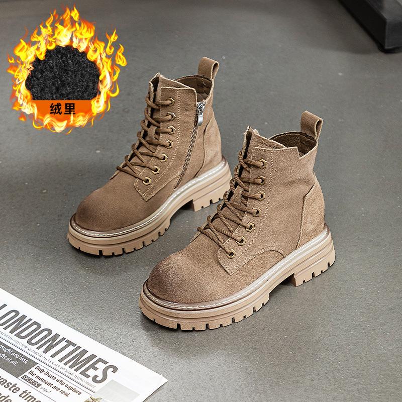 Thick-soled Martin Boots Women's Autumn and Winter New Cotton Retro Rhubarb Boots Genuine Leather Short Boots British Matte Locomotive Boots