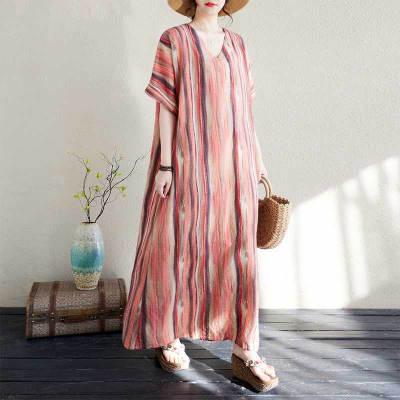 

Summer Women s Cotton and Linen Printed V-neck Long Skirt one size красный