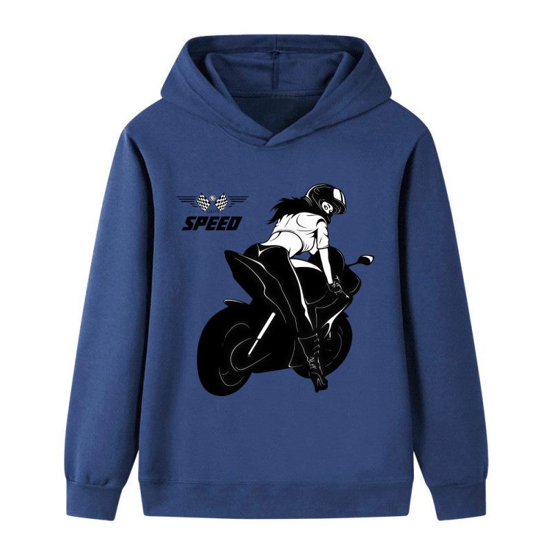 2026 Kids Unisex Hoodie: Black & White Silhouette Female Motorcycle Rider SPEED Racing Theme