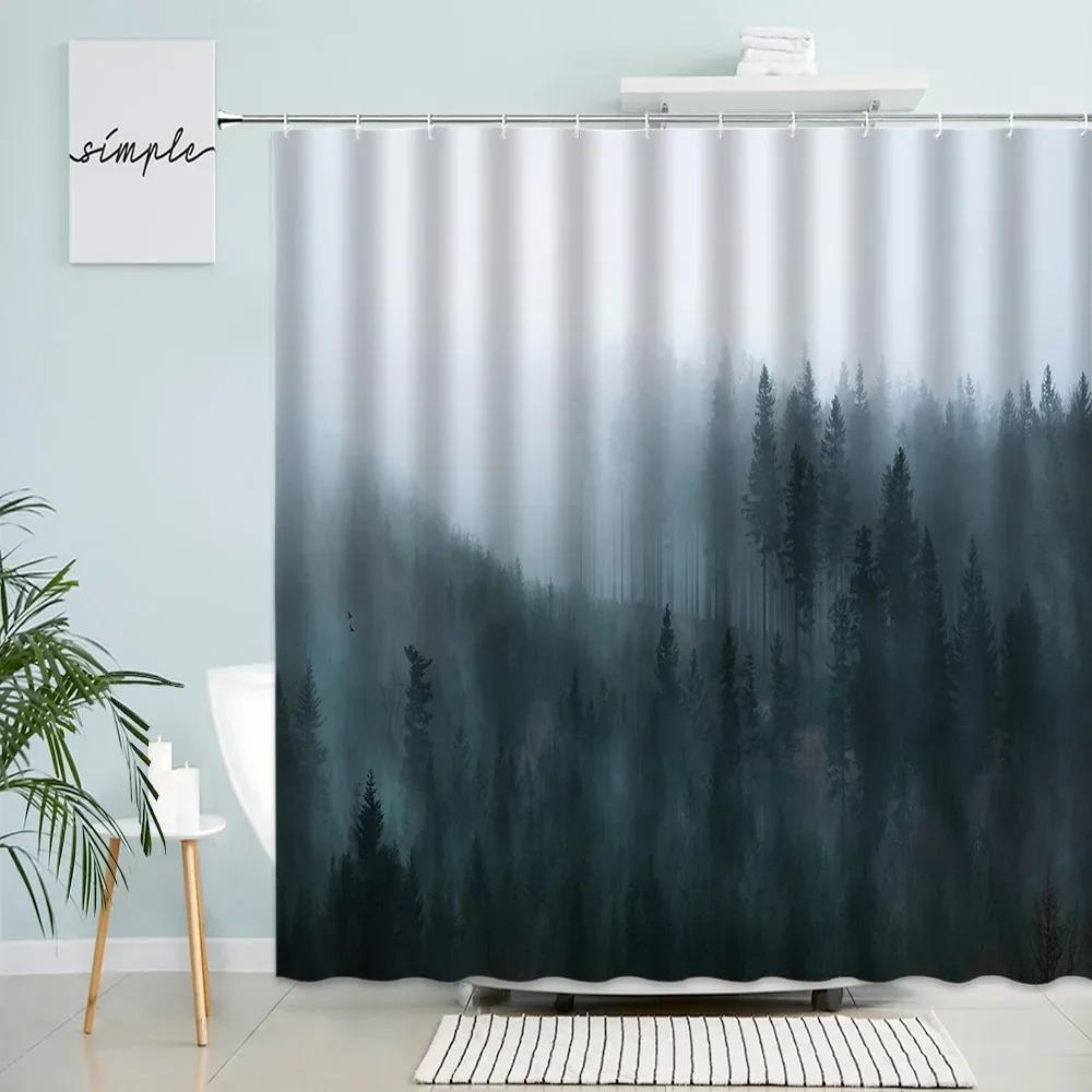 Fog Forest Shower Curtain Mountain Birds Winter Landscape Bath Curtains Modern Rural Nature Scenery Fabric Bathroom Decor Sets