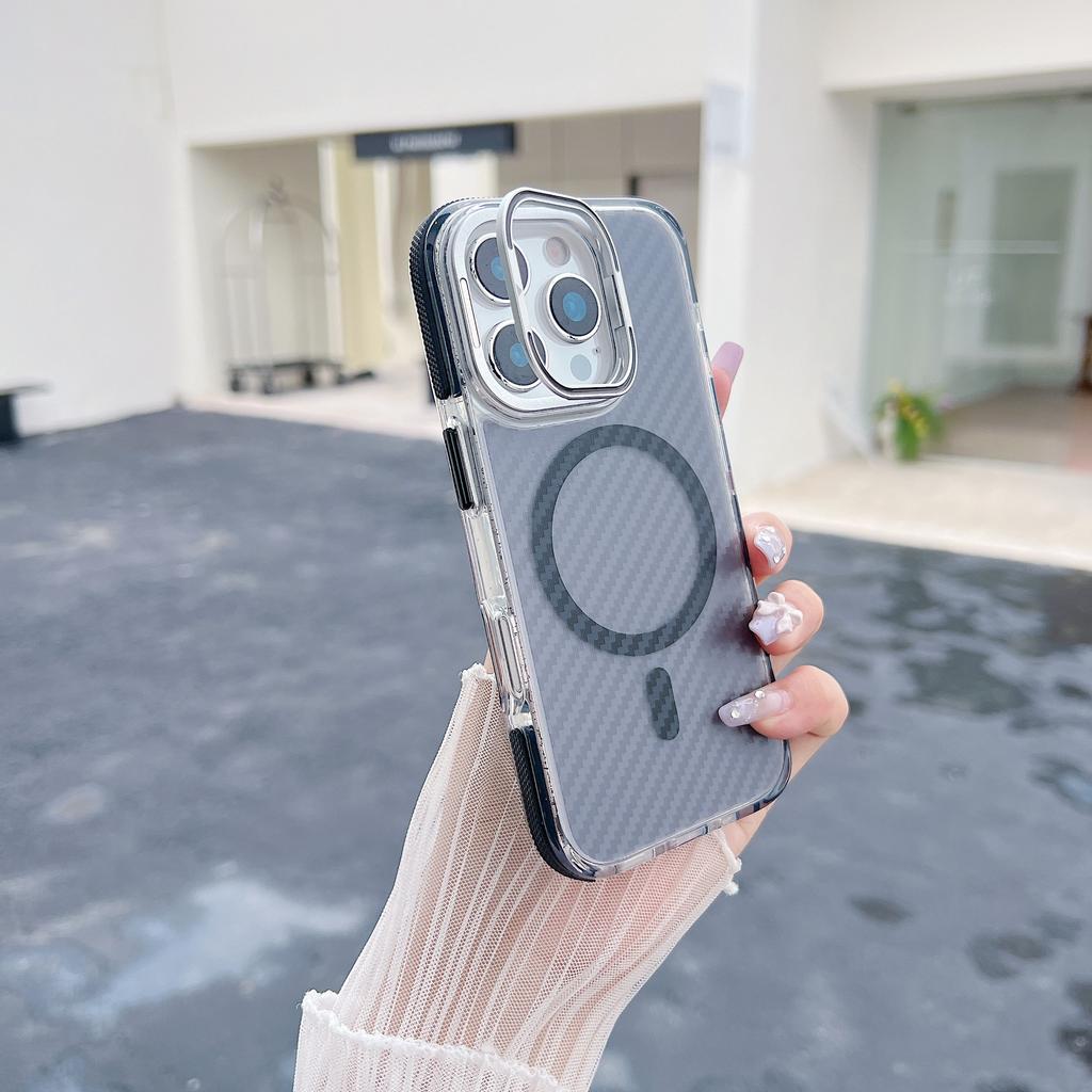 Applicable to iPhone17ProMax Xuncai carbon fiber pattern magnetic suction bracket mobile phone case Apple 16Pro anti-drop cover