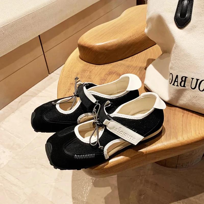 Leather Version Mary Jane Shoes Casual Drawstring Soft Bottom Women's Spring Summer Leisure Sporty Contrast Color Slip-On