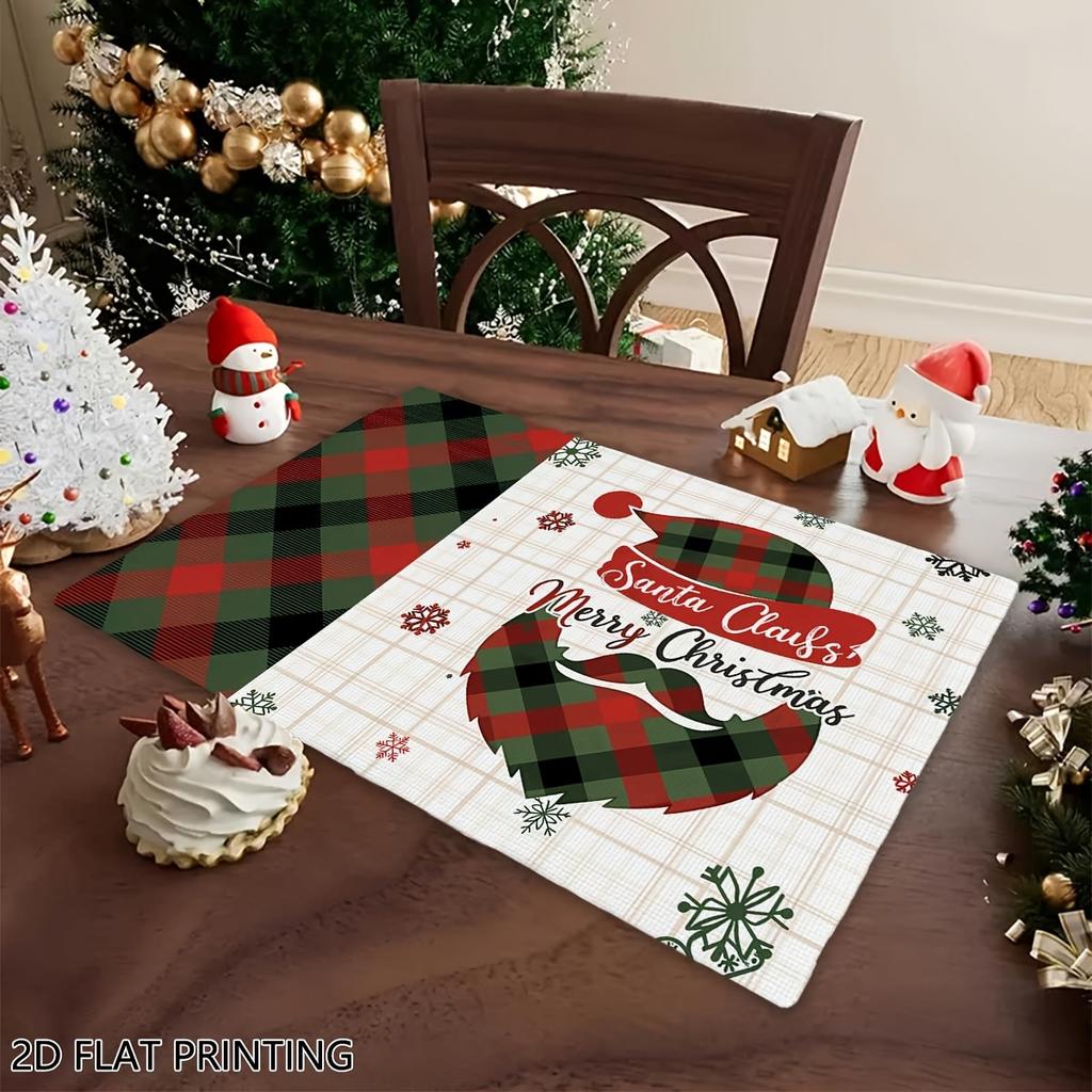 4pcs/6pcs Christmas Placemats, Plaid Santa Beard Kitchen Table Mat, Coffee Mat, Kitchen Dining Decoration, Home Decoration, Suitable for Daily Holiday