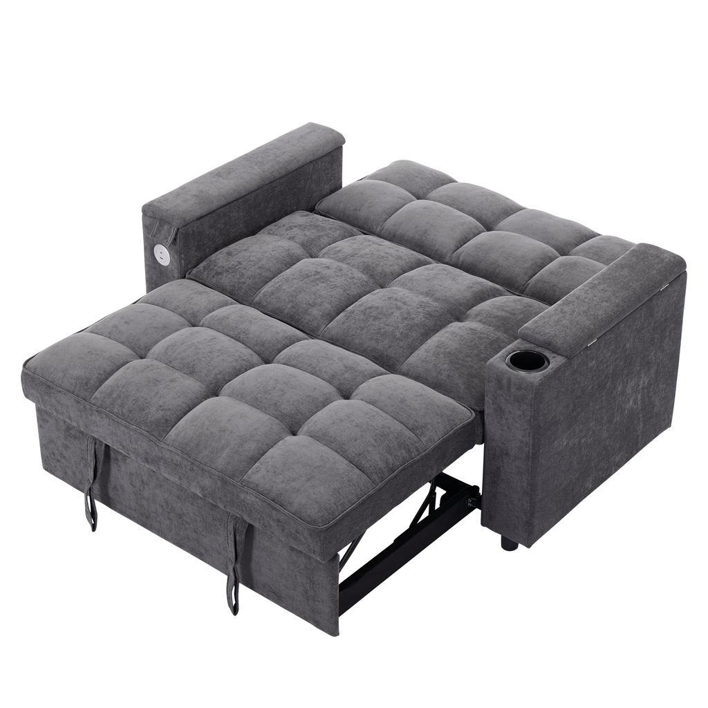 N625P352301302303G) Sleeper Sofa 3-in-1 Pull-out Sofa, Adjustable Backrest, USB Port, 2-Seater Sofa Daybed, with Hidden Table, Cup Holder, Grey