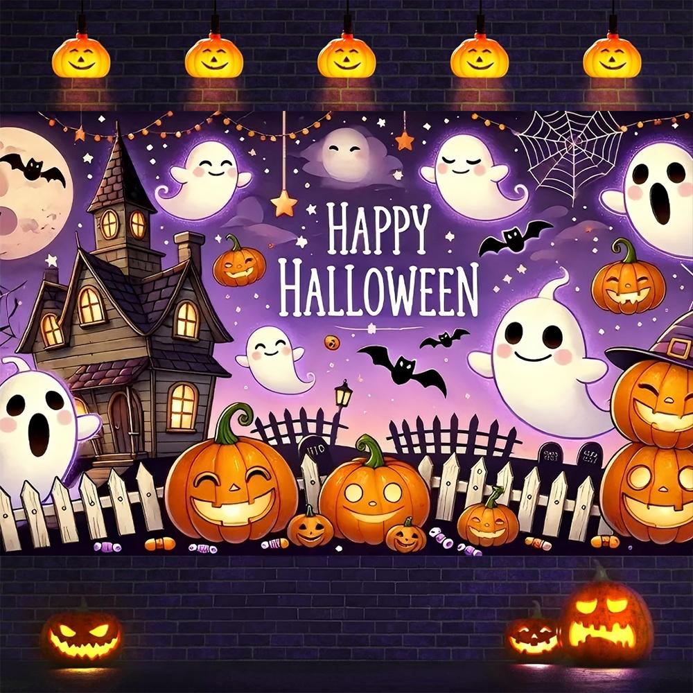 1pc Halloween Background Banner Smiling Pumpkin Lantern Colorful Polyester Backboard Fabric Suitable for Family Gatherings We