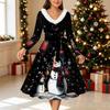 Women Christmas Print Midi Dress, Long Sleeve V‑Neck Furry Trim A‑Line Party Dress, Christmas Limited Edition