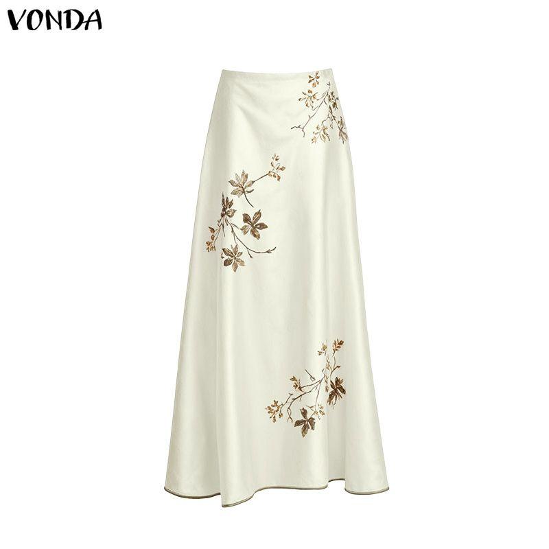 VONDA Women Casual Zip-up Print Satin Smooth Thin Maxi Skirts