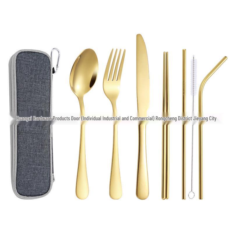 Stainless Steel Outdoor Travel Cutlery Set: Knife, Fork, Spoon, Straw, Chopsticks with Storage Bag