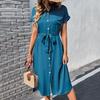 Summer Women's Dress Solid Color Lace Up Turn Down Collar Single Breasted Split Design