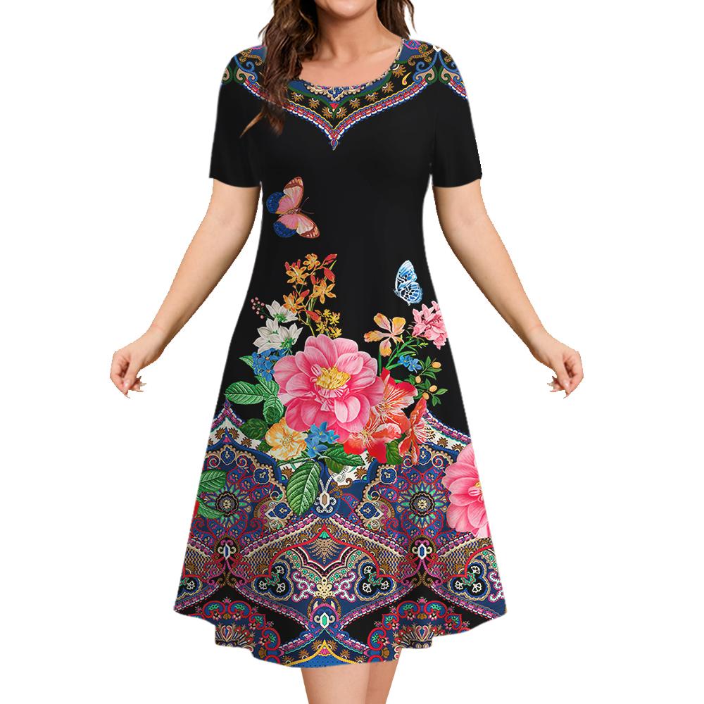 Ethnic Style Women's A-line Skirt Summer Fashion Casual Dress Flower Clothes Ladies Loose Casual Round Neck Dress