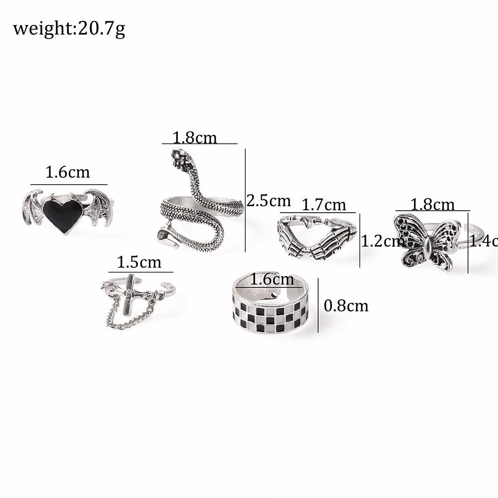 Bohemian Style Butterfly Exaggerated Bat Snake Shape Love Combination 6-piece Ring Set for Women