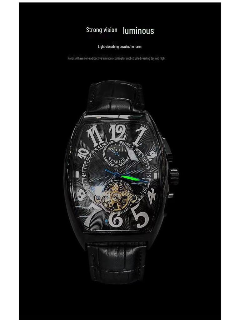 Men's Waterproof Barrel-Shaped Mechanical Leather Watch - Unique Design for Stylish Men