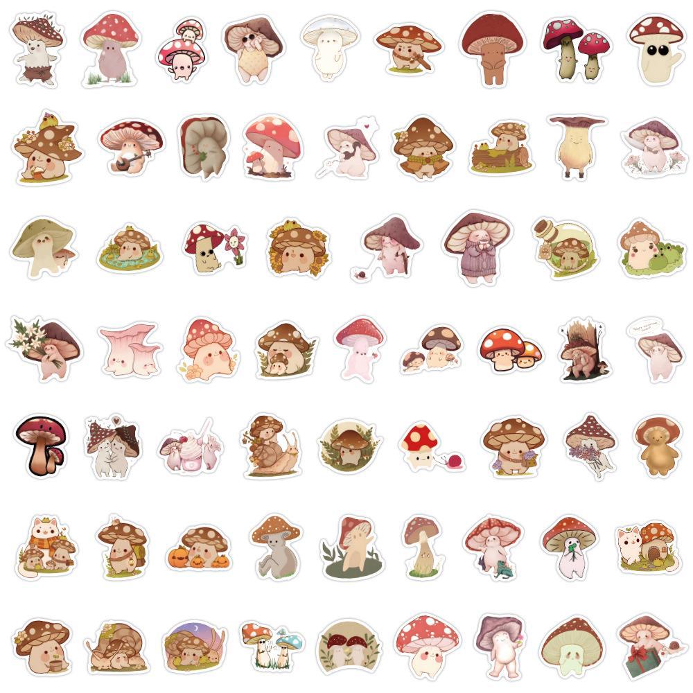 60 Cartoon Mushroom Friends Stickers: Waterproof DIY for Mobile & Luggage