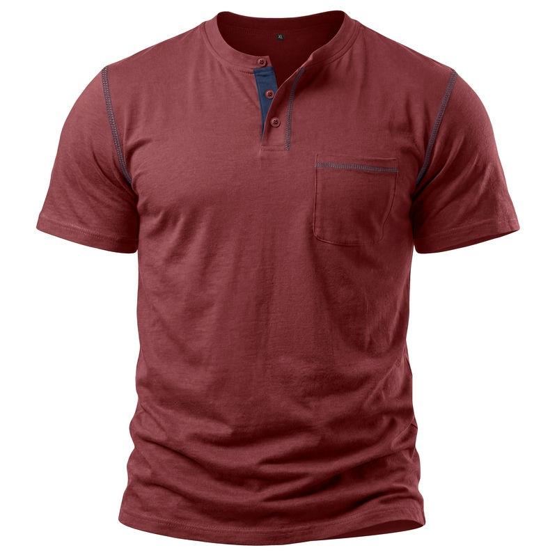 Herren Kontrastnähte Henley-Kragen Kurzarm T-Shirt Mit Brusttasche