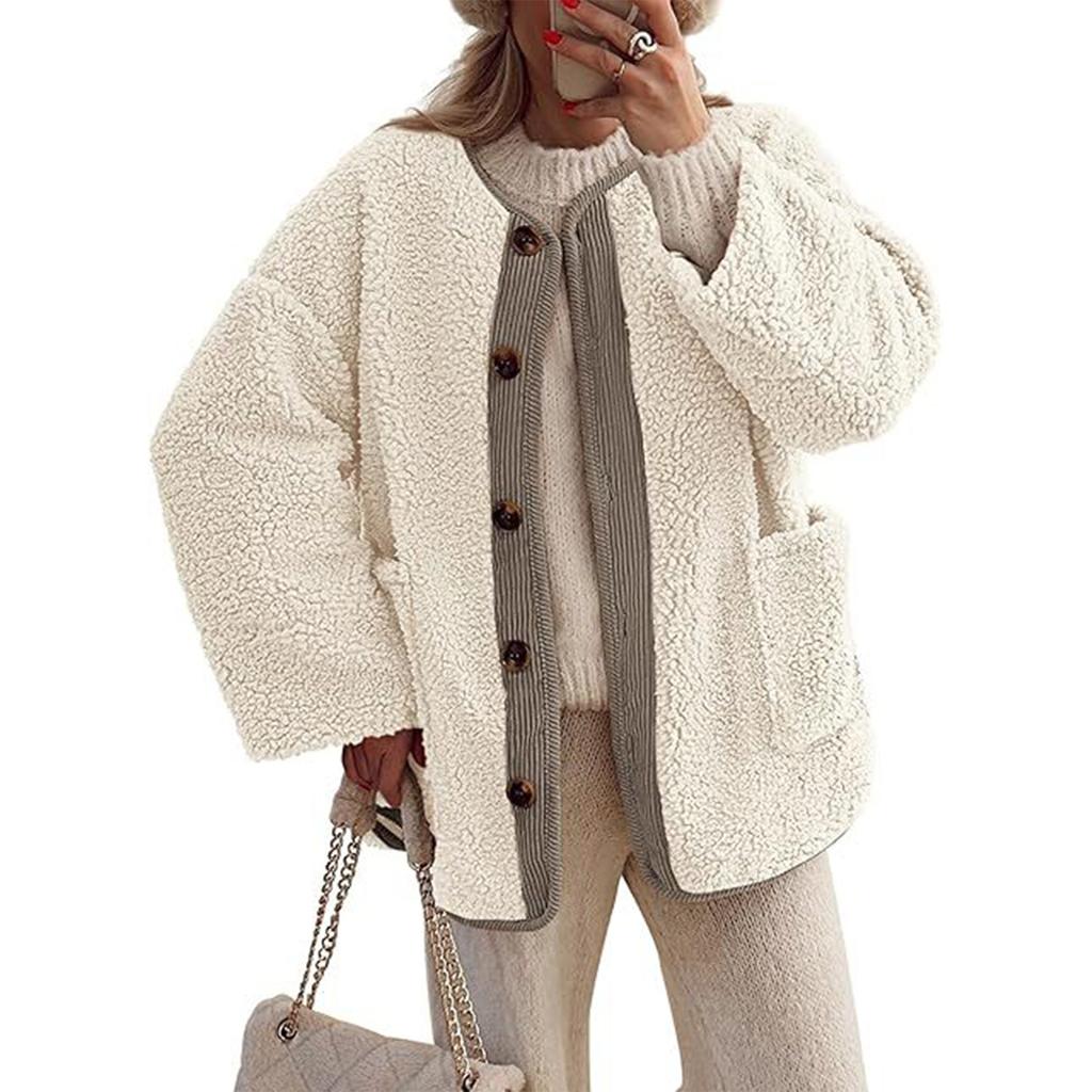 Women's Solid Color Collarless Casual Long Sleeved Button Down Plush Lamb Wool Jacket Jacket