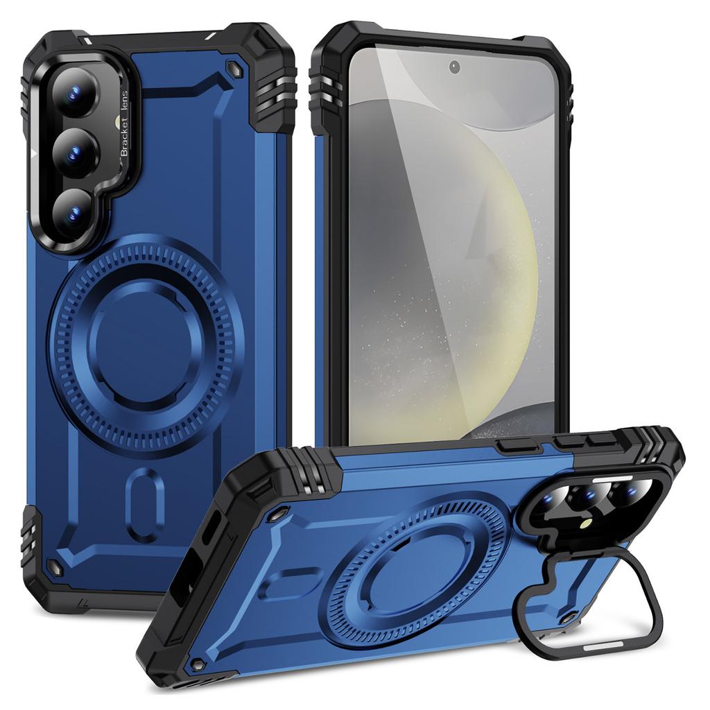 For Samsung Galaxy S24 Magnetic Case Lens Kickstand PC + TPU Shockproof Phone Cover
