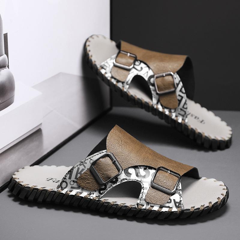 Plus Size 38-48 Men Slippers Genuine Leather Slides Man Summer Shoes For Men Hand Made Outdoor Sandals