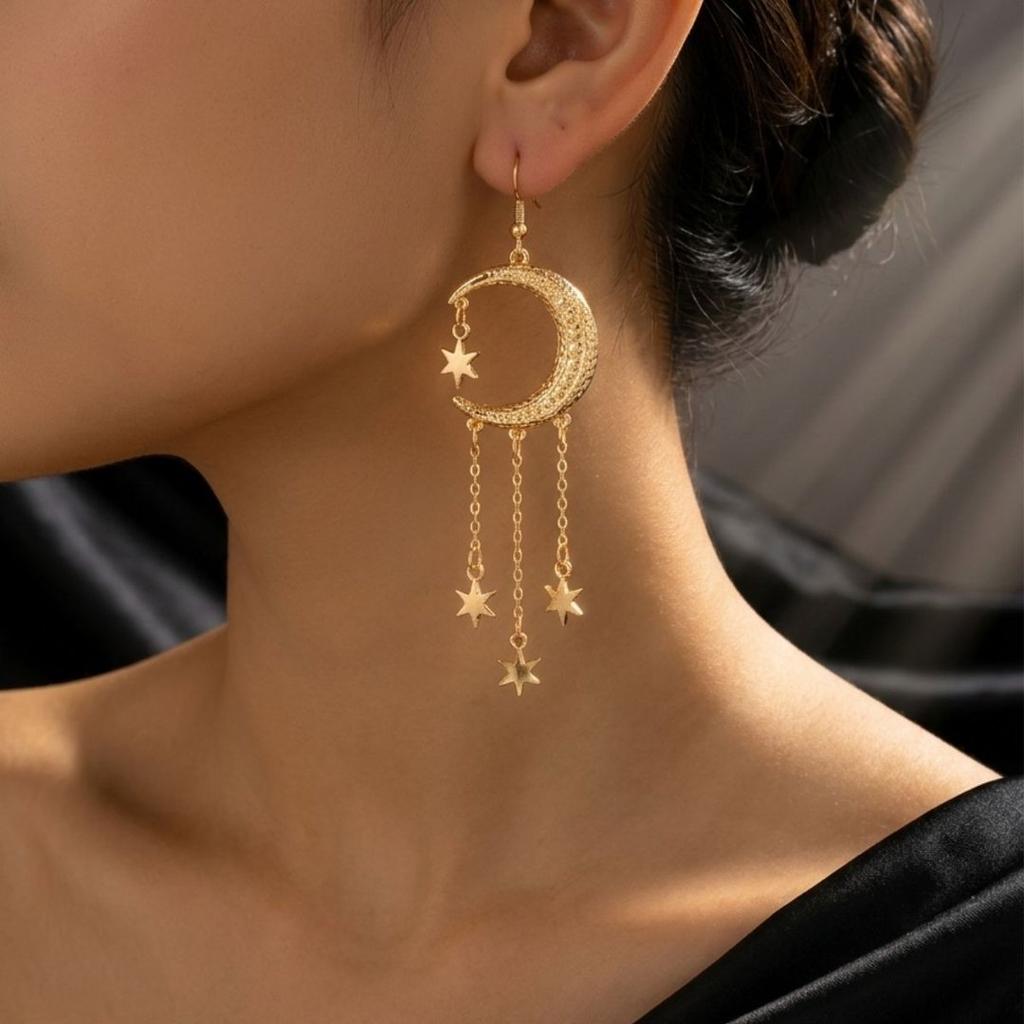 Moqi Celestial Dangle Earrings Alloy Gold Moon Star Tassel Bohemian