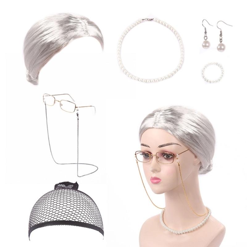 Halloween Grandma Costume Set 100 Days Of School Old Lady Costume Set Wig Granny Glasses with Chain Necklace for Girls