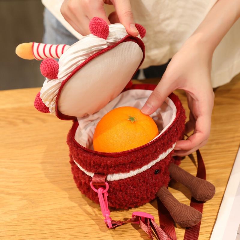 Creative Pink Cherry Cake Backpack Cream Fruit Cake Plush Bag Toy Simulation Kids Baby Birthday Cake Doll Gifts Home Decoration
