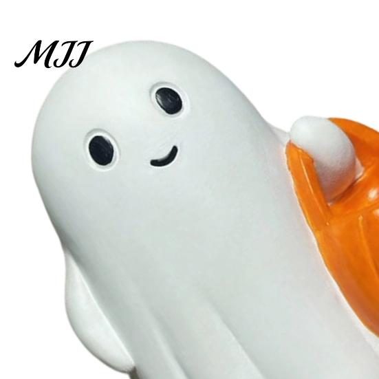 Lighted Ghost Figurine Halloween Holding Pumpkin Figurine, Spooky Statue with Night Light, Resin Ornament for Desk Tabletop Centerpiece Warm