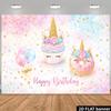2D Kids Pink Blue Unicorn Birthday Backdrop, Cute Donut & Cupcake Party Background