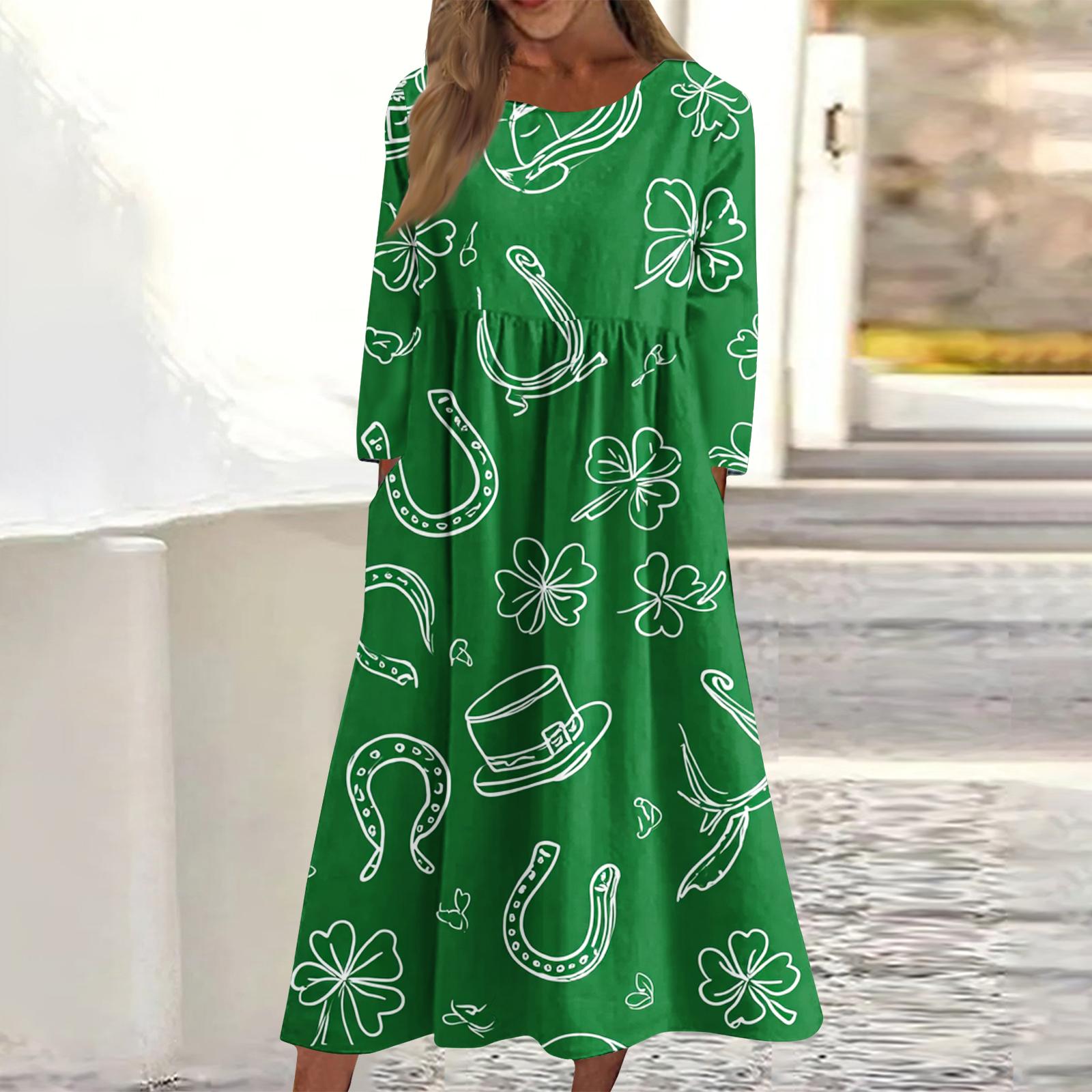 

Women s Casual Round Neck Print Midi Dress Long Sleeve Pocket Dress XXL