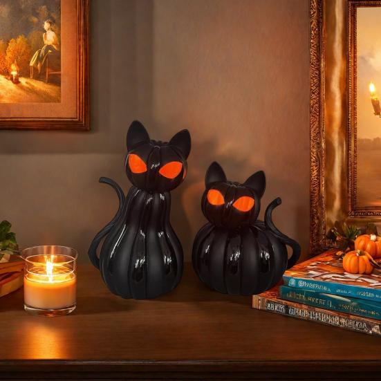 Black Cat Figurine Halloween Table Centerpiece Resin Cat Statue with Spooky Eyes for Party Home Mantel Shelf Decor Cat Lover Gift