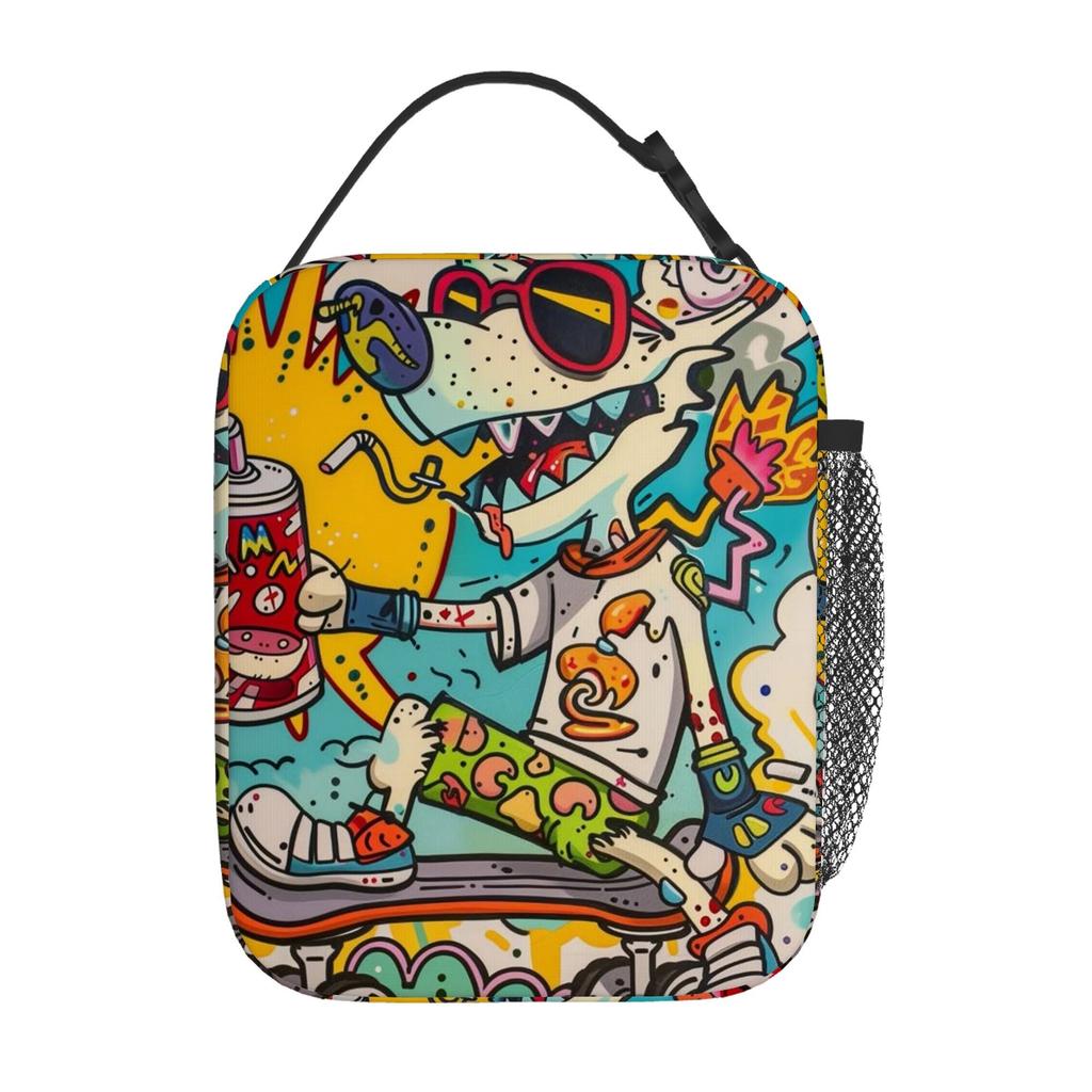 1pc Skateboarding Dog Soda Can Print Insulated Thermal Bag Cute Wolf-like Puppy with Skateboard Spray Drip Design