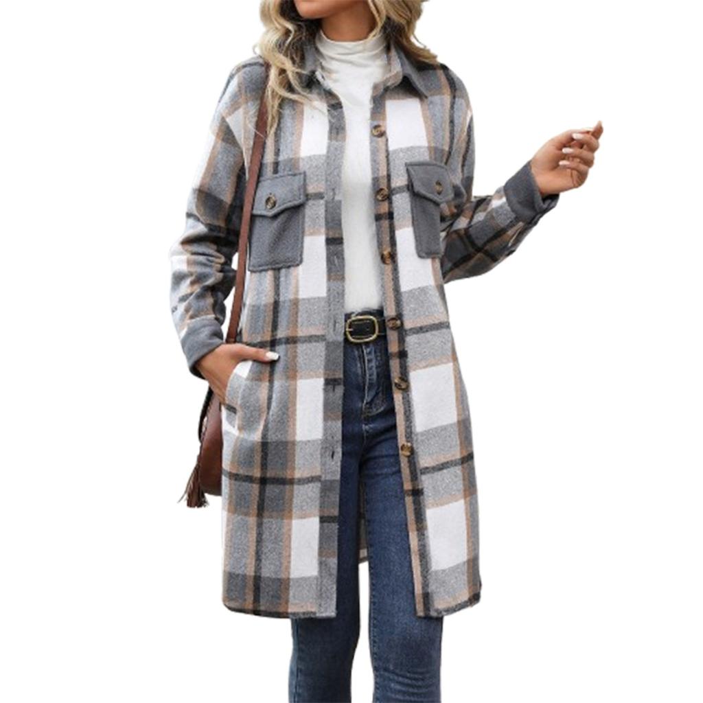 Women's Fashion Casual Long Sleeve Plaid Button With Pocket Jacket