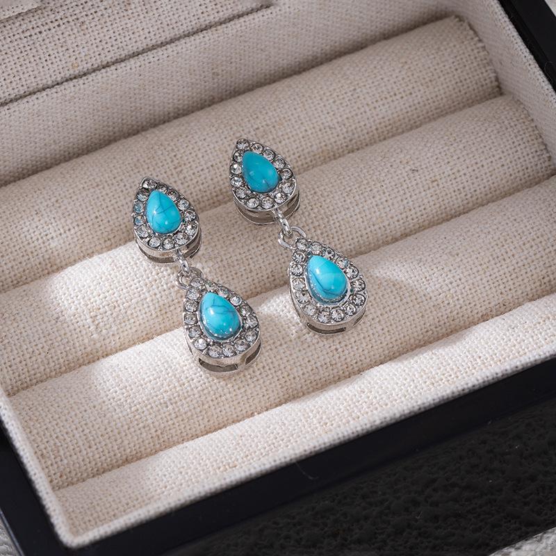 Vintage Rhinestone Turquoise Teardrop Earrings for Women - Stylish Ethnic Studs