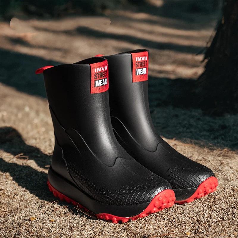 

Men s Fashionable Outdoor Lightweight Waterproof Anti Slip Midsole Rain Boots 44 красный черный